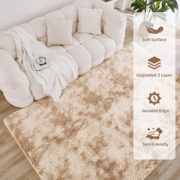 Litanika 4x6 Shag Area Rug for Bedroom, Tie-Dyed Beige Plush Rug | High Pile Soft Fluffy Shaggy Furry Modern Indoor Floor Rug Carpet for Bedside Playroom Dorm, Non-Slip, Non-Shedding