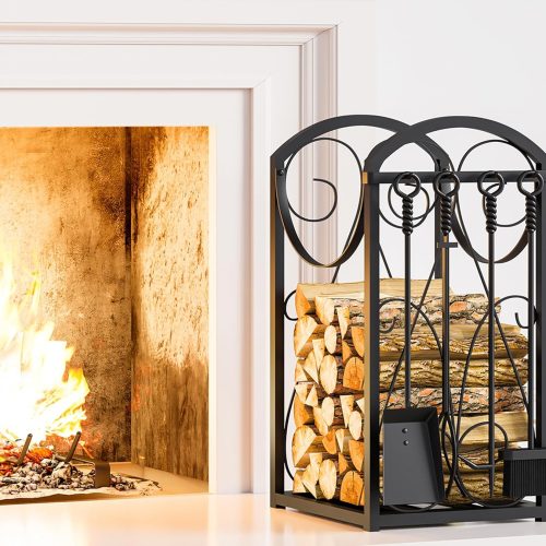 WF9494MAX_1 Kingson Firewood Rack Indoor Wood Holders Fireplace Tool Rack Outdoor Log Holder Rack Lumber Storage Stacking Fireplace Tools Set Wood Stove Accessories Black