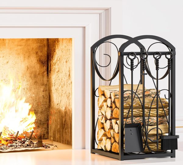 WF9494MAX_1 Kingson Firewood Rack Indoor Wood Holders Fireplace Tool Rack Outdoor Log Holder Rack Lumber Storage Stacking Fireplace Tools Set Wood Stove Accessories Black