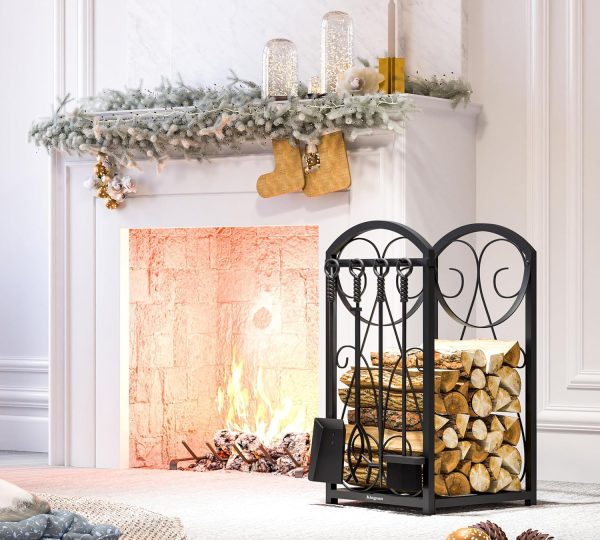 WF9494MAX_2 Kingson Firewood Rack Indoor Wood Holders Fireplace Tool Rack Outdoor Log Holder Rack Lumber Storage Stacking Fireplace Tools Set Wood Stove Accessories Black