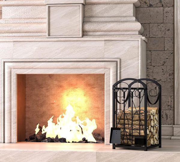 WF9494MAX_3 Kingson Firewood Rack Indoor Wood Holders Fireplace Tool Rack Outdoor Log Holder Rack Lumber Storage Stacking Fireplace Tools Set Wood Stove Accessories Black