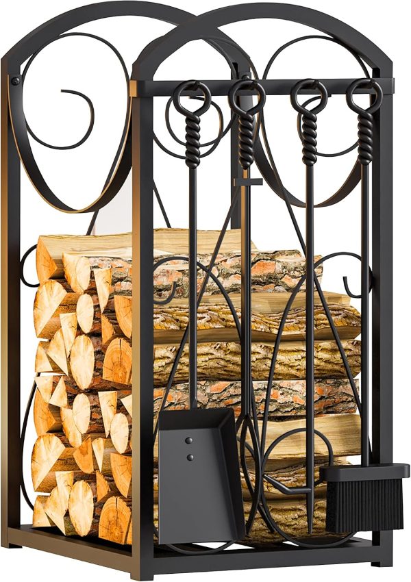 WF9494MAX_4 Kingson Firewood Rack Indoor Wood Holders Fireplace Tool Rack Outdoor Log Holder Rack Lumber Storage Stacking Fireplace Tools Set Wood Stove Accessories Black