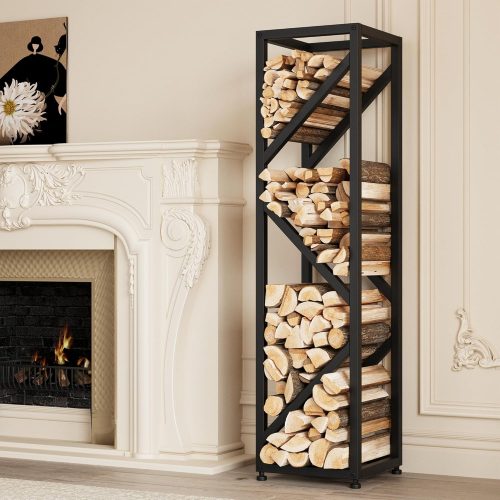 WF9575MAX_1 Firewood Rack Indoor 47 Inch Tall, 4-Tier Heavy-Duty Firewood Holder for Fireplace with Minimalist Style, Decorative Log Rack, Flexible Storage, Space-Saving, Easy Assembly, Black