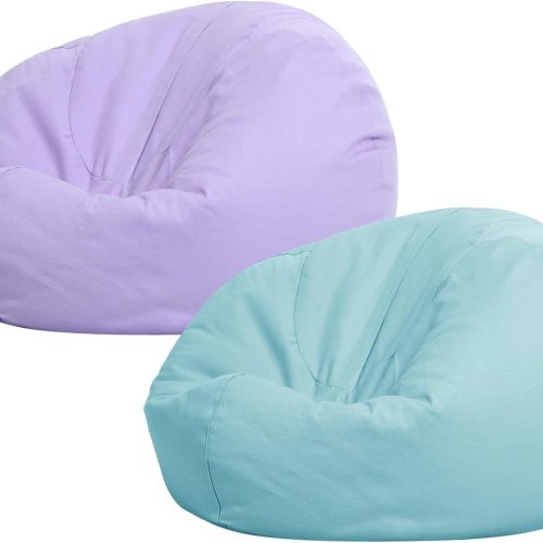 WF9717MAX_1 Sliner 2 Pcs Stuffed Storage Bean Bag Chair Cover for Kids Adults (No Filler) Stuffable Zipper Beanbag Cover for Organizing Plush Toys or Foam(31.5 * 31.5 * 15inch,Cotton,Green and Purple)