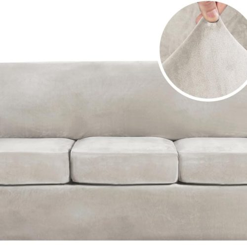 H.VERSAILTEX Modern Velvet Plush 4 Piece High Stretch Sofa Slipcover Sofa Cover Furniture Protector Form Fit Luxury Thick Velvet Sofa Cover for 3 Cushion Couch Width Up to 90 Inch (Sofa, Oatmeal)