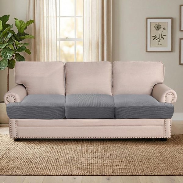 WF9790MAX_2 H.VERSAILTEX Stretch 3 Piece T Cushion Sofa Slipcovers Individually Sofa Cushion Covers for 3 Cushion Couch Sofa Seat Cushion Covers with Elastic Bands Featuring Thicker Jacquard Fabric, Dove