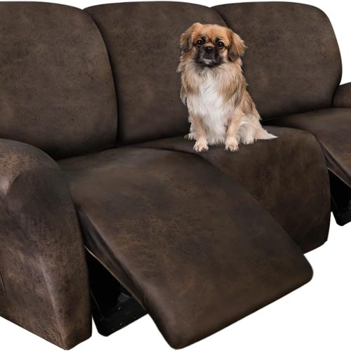 WF9836MAX_1 ANARACHON Leather Look Recliner Couch Cover 8-Piece Recliner Sofa Slipcovers 3 Seater for Reclining Couches Furniture Protector Spandex Fabric Washable (Recliner Sofa, Brown)