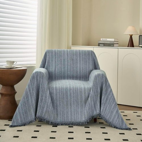 WF9906MAX_1 Washable Couch Cover with Tassels Non Slip Sofa Cover,Dusty Blue | 71"x71" Premium Chenille, Pet Scratch Protection, Boho Tassel Armchair Slipcover for Leather & Fabric Couches
