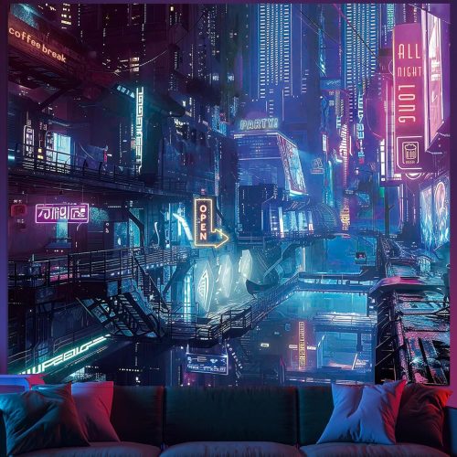 Blacklight Punk Tapestry for Bedroom, Black Light Anime Cyberpunk Poster | Large UV Reactive Cool Decor Tapestries, Glow in the Dark Neon Backdrop Wall Hanging for Gaming Dorm Living Room (51"x60")
