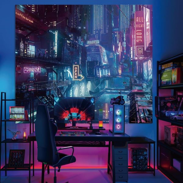 WF9972MAX_4 Blacklight Punk Tapestry for Bedroom, Black Light Anime Cyberpunk Poster | Large UV Reactive Cool Decor Tapestries, Glow in the Dark Neon Backdrop Wall Hanging for Gaming Dorm Living Room (51"x60")