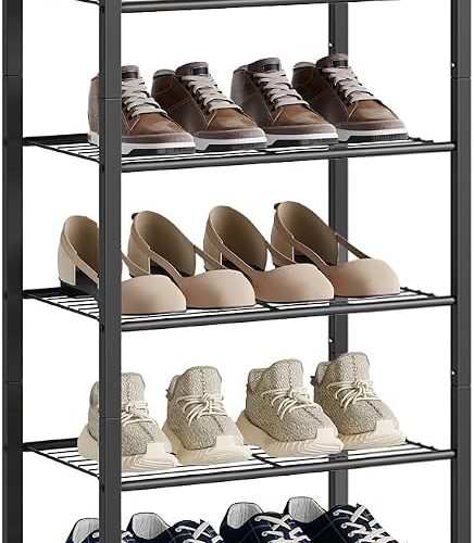 Nunsino Narrow Shoe Rack, 10-Tier Metal Shoe Organizer,Tall Shoe Shelf with Anti-Tip Strap, Max Holds 22 Pairs,Space Saving for Closet,Entryway,Black