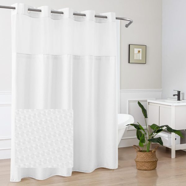 WFOOOO1013YRM_1 No Hook Shower Curtain with Snap-in Fabric Liner 71x74, White | Embossed Waffle-Look Textured, Sheer Window Hotel Style, Soft & Washable White Fabric Shower Curtain for Bathroom