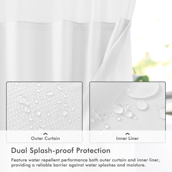 WFOOOO1013YRM_4 No Hook Shower Curtain with Snap-in Fabric Liner 71x74, White | Embossed Waffle-Look Textured, Sheer Window Hotel Style, Soft & Washable White Fabric Shower Curtain for Bathroom