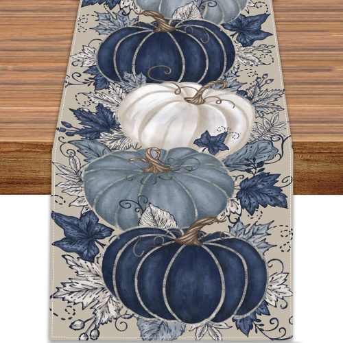 Fall Thanksgiving Table Runner Blue Vintage Pumpkin Maple Leaf Decorative