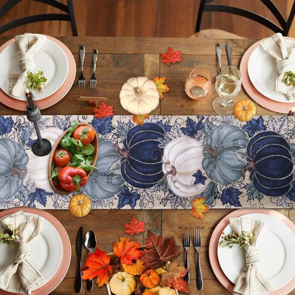 WFOOOO1118YRM_2 Fall Thanksgiving Table Runner Blue Vintage Pumpkin Maple Leaf Decorative