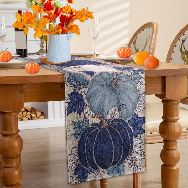 WFOOOO1118YRM_3 Fall Thanksgiving Table Runner Blue Vintage Pumpkin Maple Leaf Decorative