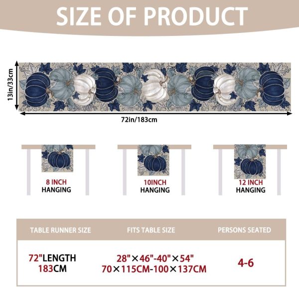 WFOOOO1118YRM_4 Fall Thanksgiving Table Runner Blue Vintage Pumpkin Maple Leaf Decorative