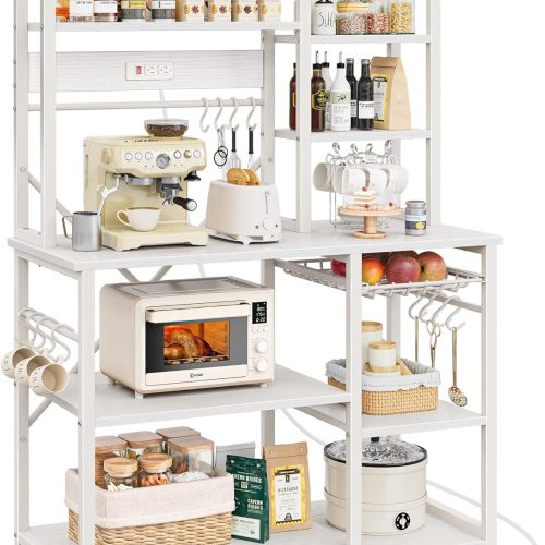 SUPERJARE Large Bakers Rack with Power Outlets, 39.7 Inches Microwave Stand | Coffee Bar with 6-Tier Storage, 12 S-Shaped Hooks, Kitchen Shelf with Wire Basket, White