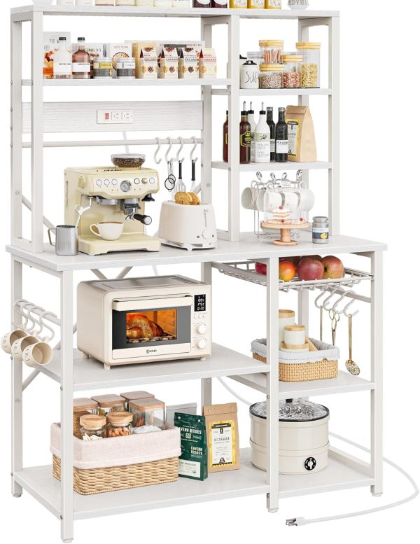 WFOOOO20YRM_1 SUPERJARE Large Bakers Rack with Power Outlets, 39.7 Inches Microwave Stand | Coffee Bar with 6-Tier Storage, 12 S-Shaped Hooks, Kitchen Shelf with Wire Basket, White