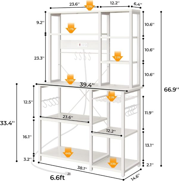 WFOOOO20YRM_3 SUPERJARE Large Bakers Rack with Power Outlets, 39.7 Inches Microwave Stand | Coffee Bar with 6-Tier Storage, 12 S-Shaped Hooks, Kitchen Shelf with Wire Basket, White