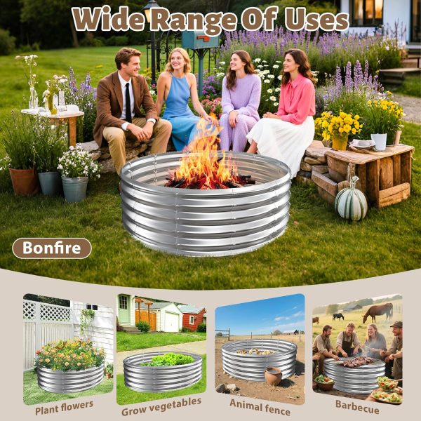 TBMLC 48" Round Galvanized Steel Fire Ring Pit/Raised Garden Bed Kit | 4 FT Diameter,1.5 FT High, Made of Galvanized Steel Wave-Shaped,0.8 MM Thick,Folded Edges and Round Corner,Gloves Included