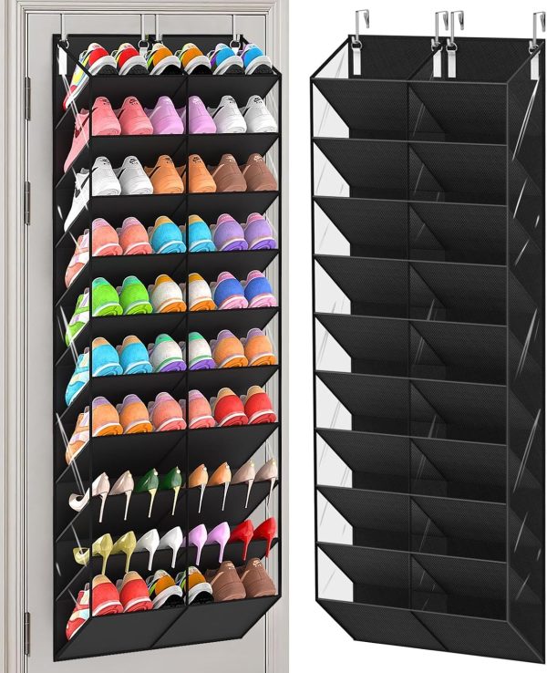 WFOOOO276YRM_1 UVIAHOMI 20-30 Pairs Over the Door Shoe Organizer, Clear Pockets Hanging Shoe Storage for Closet, 10-Tier Door Shoes Rack, Handing Shoes Holder Fit All the Family's Sneakers, Boots, Heels, Black