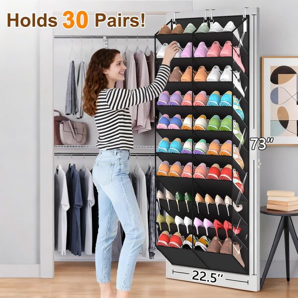 WFOOOO276YRM_2 UVIAHOMI 20-30 Pairs Over the Door Shoe Organizer, Clear Pockets Hanging Shoe Storage for Closet, 10-Tier Door Shoes Rack, Handing Shoes Holder Fit All the Family's Sneakers, Boots, Heels, Black