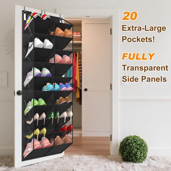 WFOOOO276YRM_3 UVIAHOMI 20-30 Pairs Over the Door Shoe Organizer, Clear Pockets Hanging Shoe Storage for Closet, 10-Tier Door Shoes Rack, Handing Shoes Holder Fit All the Family's Sneakers, Boots, Heels, Black