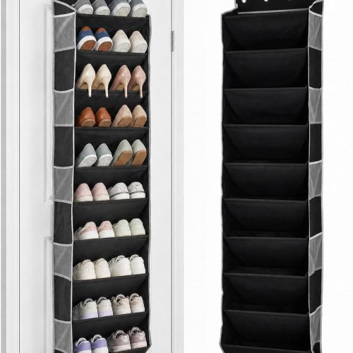 WFOOOO279YRM_1 10-Tier Over The Door Organizer with 4 Anti-Scratch Silicone Hooks & 10 Side Pockets, Hanging Shoe Organizer for Closet (20 Pairs), Behind the Door Storage