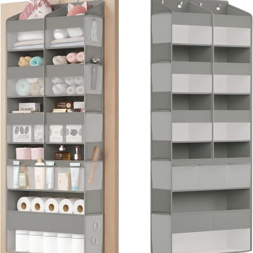 SONGMICS Over-the-Door Organizer, 9-Compartment Door Hanging Storage Shelf, Foldable Closet Hanging Organizer, Heavy-Duty, Metal Hooks, Transparent, Dove Gray URDH009GD01