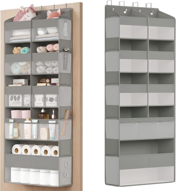 SONGMICS Over-the-Door Organizer, 9-Compartment Door Hanging Storage Shelf, Foldable Closet Hanging Organizer, Heavy-Duty, Metal Hooks, Transparent, Dove Gray URDH009GD01