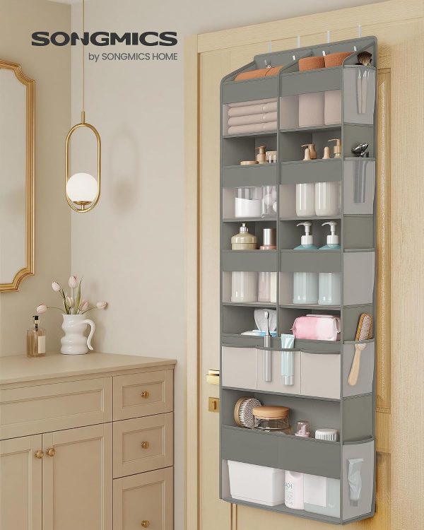 SONGMICS Over-the-Door Organizer, 9-Compartment Door Hanging Storage Shelf, Foldable Closet Hanging Organizer, Heavy-Duty, Metal Hooks, Transparent, Dove Gray URDH009GD01
