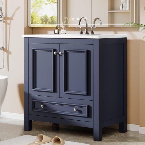Tribesigns 30" Bathroom Vanity with Sink, Freestanding Bathroom Vanities Cabinet with Ceramic Basin Combo, Bathroom Sink Cabinet with 2 Doors and 1 Drawer, Solid Wooden Frame (Navy Blue, 30 INCH)