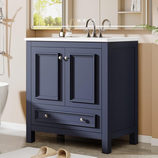 WFOOOO45YRM_1 Tribesigns 30" Bathroom Vanity with Sink, Freestanding Bathroom Vanities Cabinet with Ceramic Basin Combo, Bathroom Sink Cabinet with 2 Doors and 1 Drawer, Solid Wooden Frame (Navy Blue, 30 INCH)