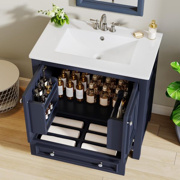 WFOOOO45YRM_3 Tribesigns 30" Bathroom Vanity with Sink, Freestanding Bathroom Vanities Cabinet with Ceramic Basin Combo, Bathroom Sink Cabinet with 2 Doors and 1 Drawer, Solid Wooden Frame (Navy Blue, 30 INCH)