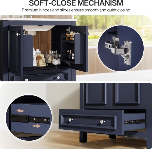 WFOOOO45YRM_4 Tribesigns 30" Bathroom Vanity with Sink, Freestanding Bathroom Vanities Cabinet with Ceramic Basin Combo, Bathroom Sink Cabinet with 2 Doors and 1 Drawer, Solid Wooden Frame (Navy Blue, 30 INCH)