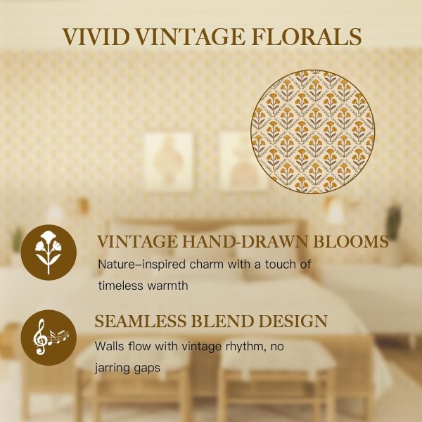 17.3''x78.7'' Peel and Stick Wallpaper Floral Cute Contact Paper Vintage Village Country Cottage Wallpaper Farmhouse Yellow Beige Renter Friendly Geometry Waterproof Embossed Kitchen Bedroom