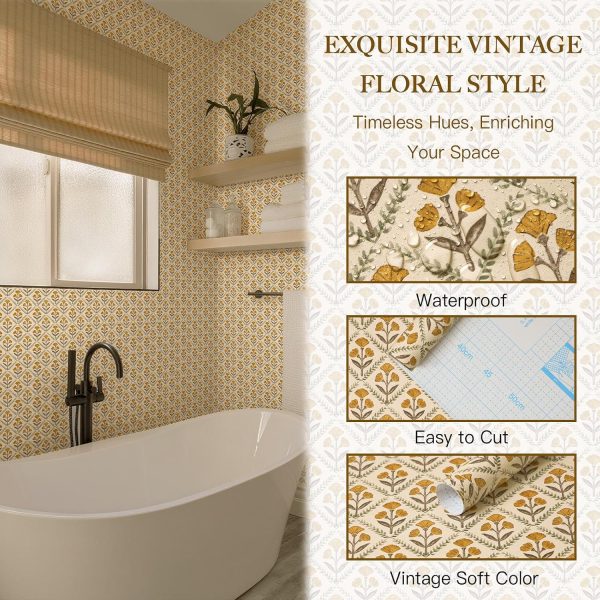 17.3''x78.7'' Peel and Stick Wallpaper Floral Cute Contact Paper Vintage Village Country Cottage Wallpaper Farmhouse Yellow Beige Renter Friendly Geometry Waterproof Embossed Kitchen Bedroom