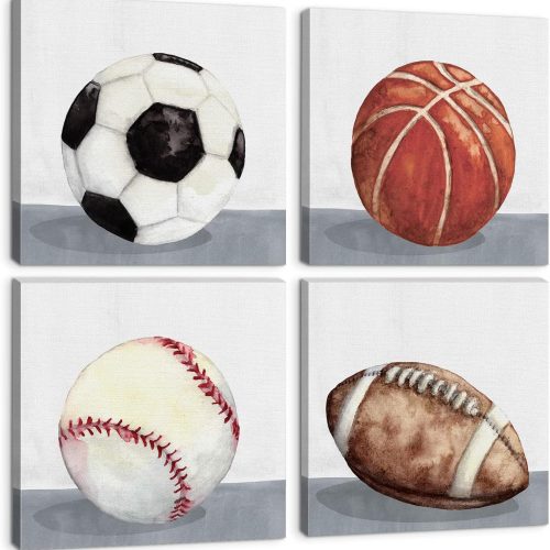 WFOOOO473YRM_1 Boys Room Wall Decor Sports Decor for Boys Bedroom Rustic Soccer Football Baseball Basketball Canvas Pictures Kids Wall Art Vintage Ball Painting Nursery Playroom Artwork Home Decorations 12x12" 4 Pcs