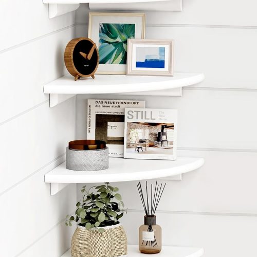 WFOOOO47YRM_1 Forbena White Corner Floating Shelves for Wall Set of 4, Rounded Corner Shelves Wall Mounted for Kids Bedroom Books, Cute Wood Hanging Corner Shelf for Bathroom Decor, Living Room, Small Spaces