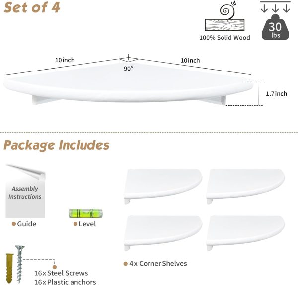 Forbena White Corner Floating Shelves for Wall Set of 4, Rounded Corner Shelves Wall Mounted for Kids Bedroom Books, Cute Wood Hanging Corner Shelf for Bathroom Decor, Living Room, Small Spaces