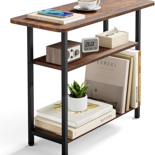 SLEEPING LAMB Side Table for Living Room, 3-Tier End Table for Small Space with Wide Storage Tabletop, Rustic Brown Narrow Nightstand for Bedroom, Sofa Couch