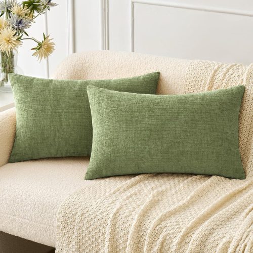 MIULEE Soft Chenille Lumbar Throw Pillow Covers Sage Green 12x20 Pack of 2 | Modern Home Decor, Classic Decorative Pillows, Solid Dyed Cases, Boho Couch Cushion Covers for Sofa Bed Living Room