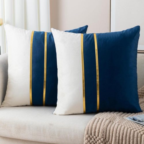 ZLINA Gold Leather Striped Throw Pillow Covers 18×18 Inch.Navy Blue