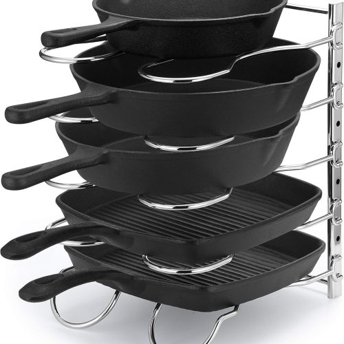 CAXXA Heavy Duty Pan Rack, Pot Lid Rack, Kitchen Cabinet Pantry Cookware Organizer Rack Holder with 5 Adjustable Dividers, Chrome