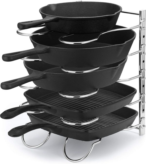 WFOOOO628YRM_1 CAXXA Heavy Duty Pan Rack, Pot Lid Rack, Kitchen Cabinet Pantry Cookware Organizer Rack Holder with 5 Adjustable Dividers, Chrome