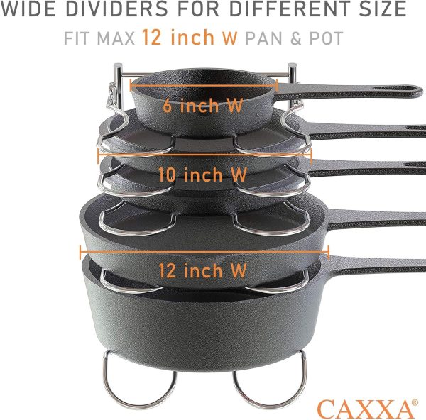 WFOOOO628YRM_3 CAXXA Heavy Duty Pan Rack, Pot Lid Rack, Kitchen Cabinet Pantry Cookware Organizer Rack Holder with 5 Adjustable Dividers, Chrome