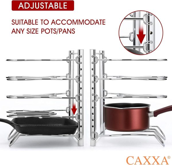 WFOOOO628YRM_4 CAXXA Heavy Duty Pan Rack, Pot Lid Rack, Kitchen Cabinet Pantry Cookware Organizer Rack Holder with 5 Adjustable Dividers, Chrome