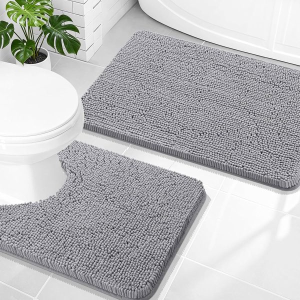 WFOOOO703YRM_1 OLANLY Chenille Bathroom Rugs Mats Sets 2 Piece, 30"x20"+24"x20", Grey | Soft Absorbent Bath Mat and U-Shaped Contour Toilet Rug Set, Quick Dry, Machine Washable Bath Carpet, Home Decor Accessories
