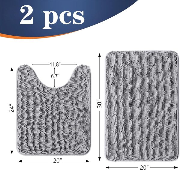 WFOOOO703YRM_2 OLANLY Chenille Bathroom Rugs Mats Sets 2 Piece, 30"x20"+24"x20", Grey | Soft Absorbent Bath Mat and U-Shaped Contour Toilet Rug Set, Quick Dry, Machine Washable Bath Carpet, Home Decor Accessories